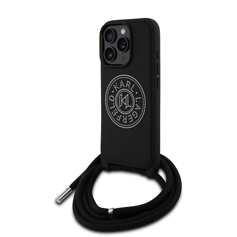 Karl Lagerfeld Orijinal Lisanslı iPhone 16 Pro Max Uyumlu Kılıf – Askı İpli Taşlı KL Yazılı Crossbody Cord Kapak