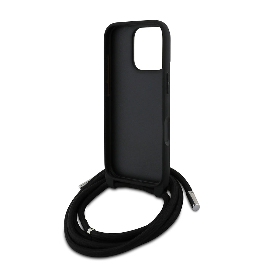 Karl Lagerfeld Orijinal Lisanslı iPhone 16 Pro Max Uyumlu Kılıf – Askı İpli Taşlı KL Yazılı Crossbody Cord Kapak
