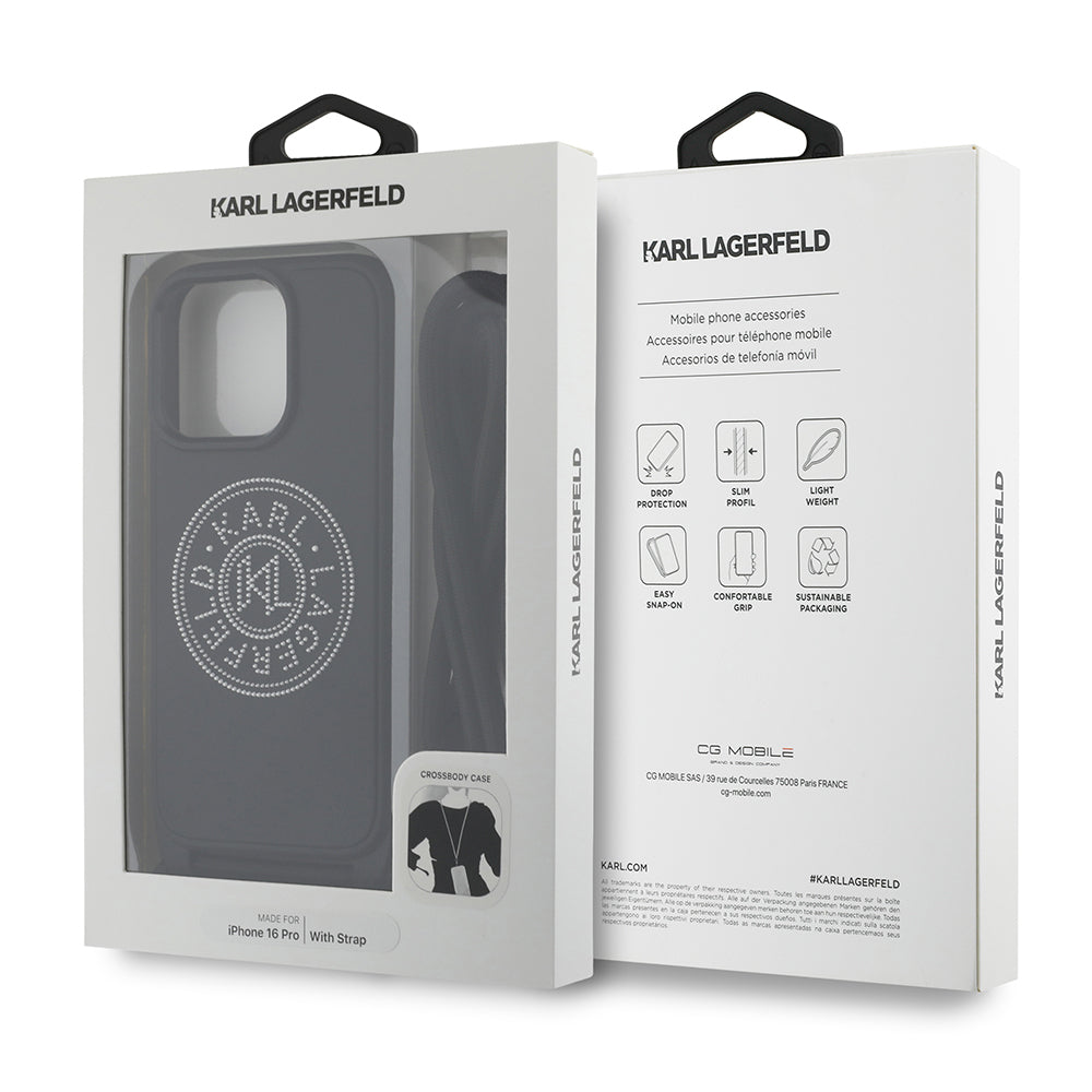 Karl Lagerfeld Orijinal Lisanslı iPhone 16 Pro Max Uyumlu Kılıf – Askı İpli Taşlı KL Yazılı Crossbody Cord Kapak