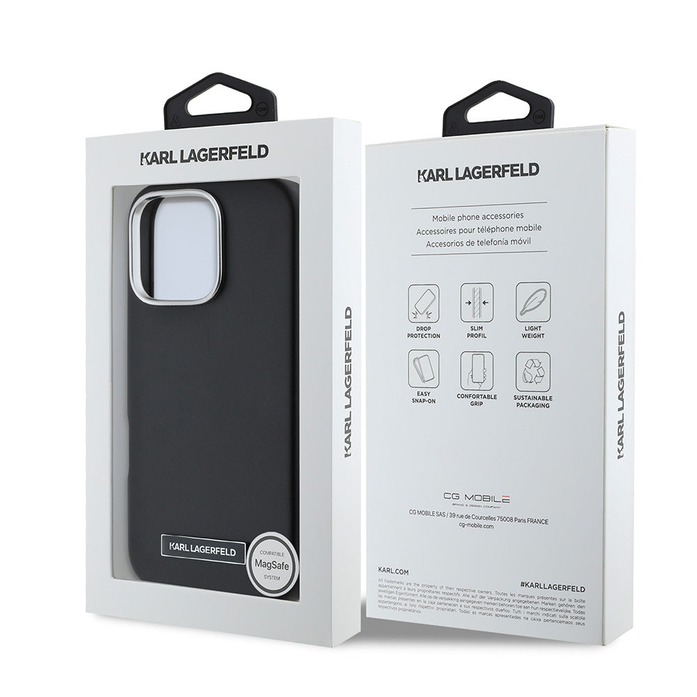 Karl Lagerfeld Orijinal Lisanslı iPhone 16 Pro Max MagSafe Uyumlu Kılıf – Metal Kamera ve Buton Tasarımlı, Plaka Logolu PU Deri Kapak