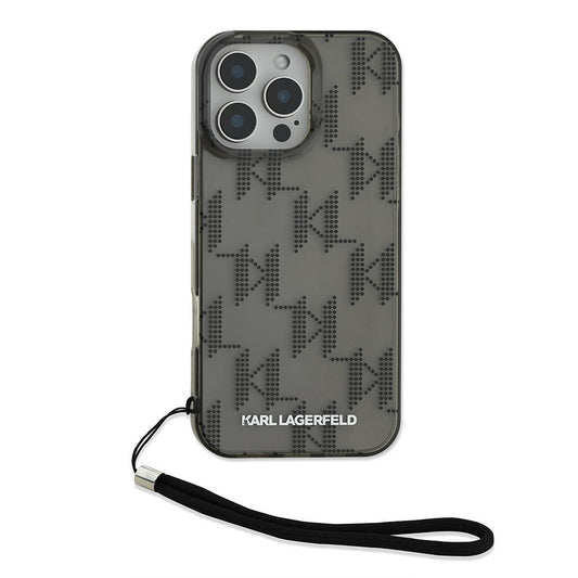 Karl Lagerfeld Orijinal Lisanslı iPhone 16 Pro Max Uyumlu Kılıf – KL Desenli Saydam, Bilek Askı İpli, Klasik Logolu Kapak