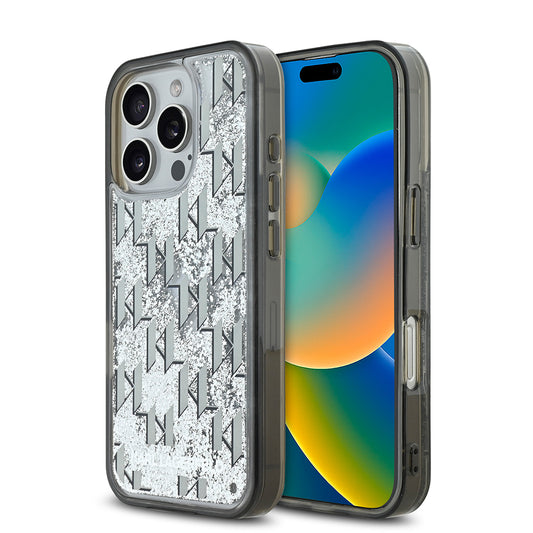 Karl Lagerfeld Orijinal Lisanslı iPhone 16 Pro Max Uyumlu Kılıf – Simli KL Yazılı Monogram Gradient Kapak